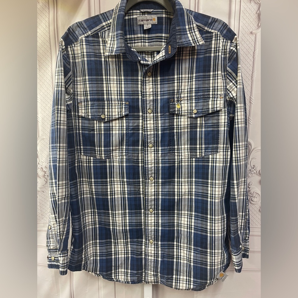 Carhartt Men's Navy and White Plaid Pearl Snap Button Medium Shirt